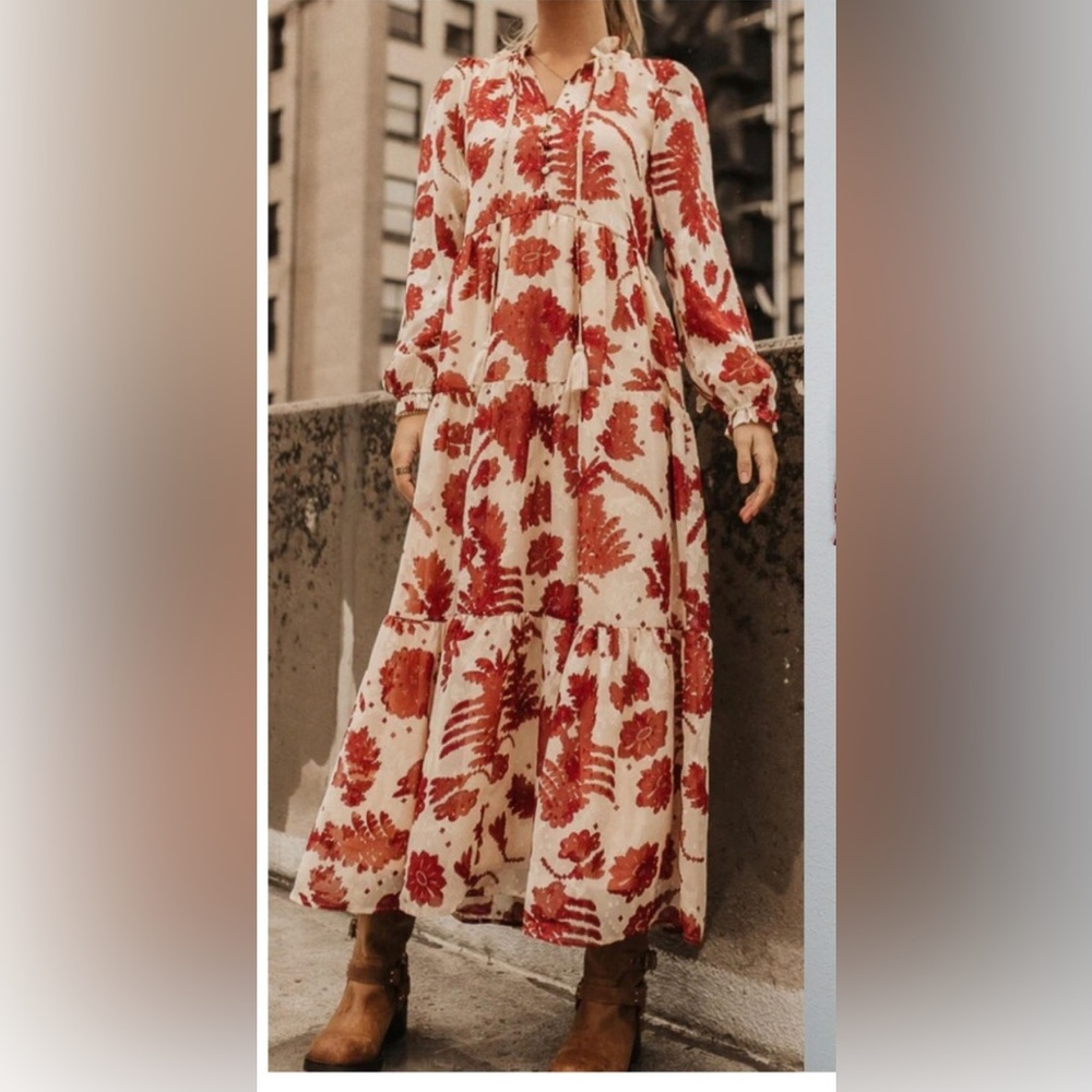 Bohme Red Floral Burnout Tiered Maxi Dress Long Sleeve Tassle‎ Size Medium